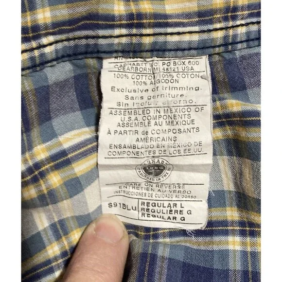 Carhartt Men Blue White Plaid 100% Cotton Short Sleeves Button Down Shirt Large - Picture 5 of 7